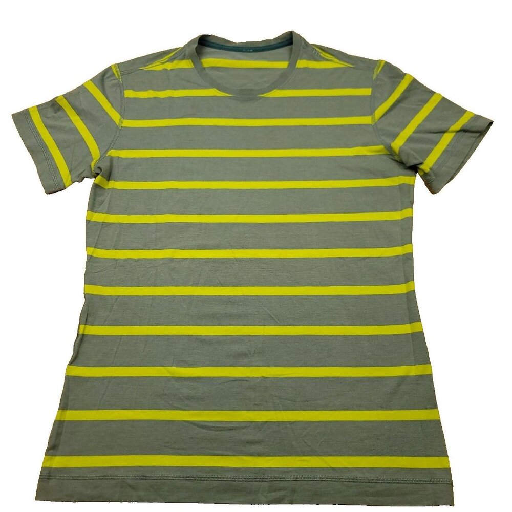 Lululemon Mens M T-Shirt 5 Year Basic Crew Tee Striped Gray‎ Neon Yellow 66-31